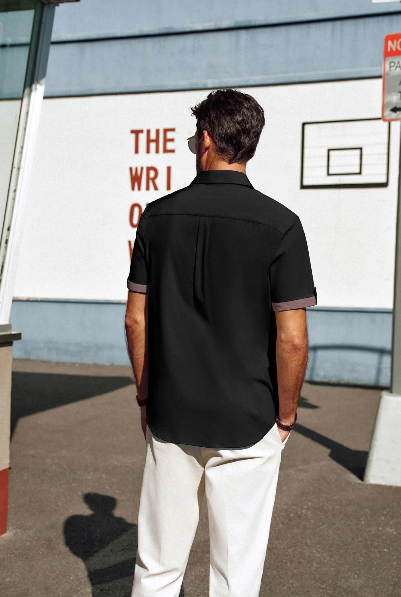 Men Straight Shirt Casual Short Sleeve Lapel Collar Button-up Tops