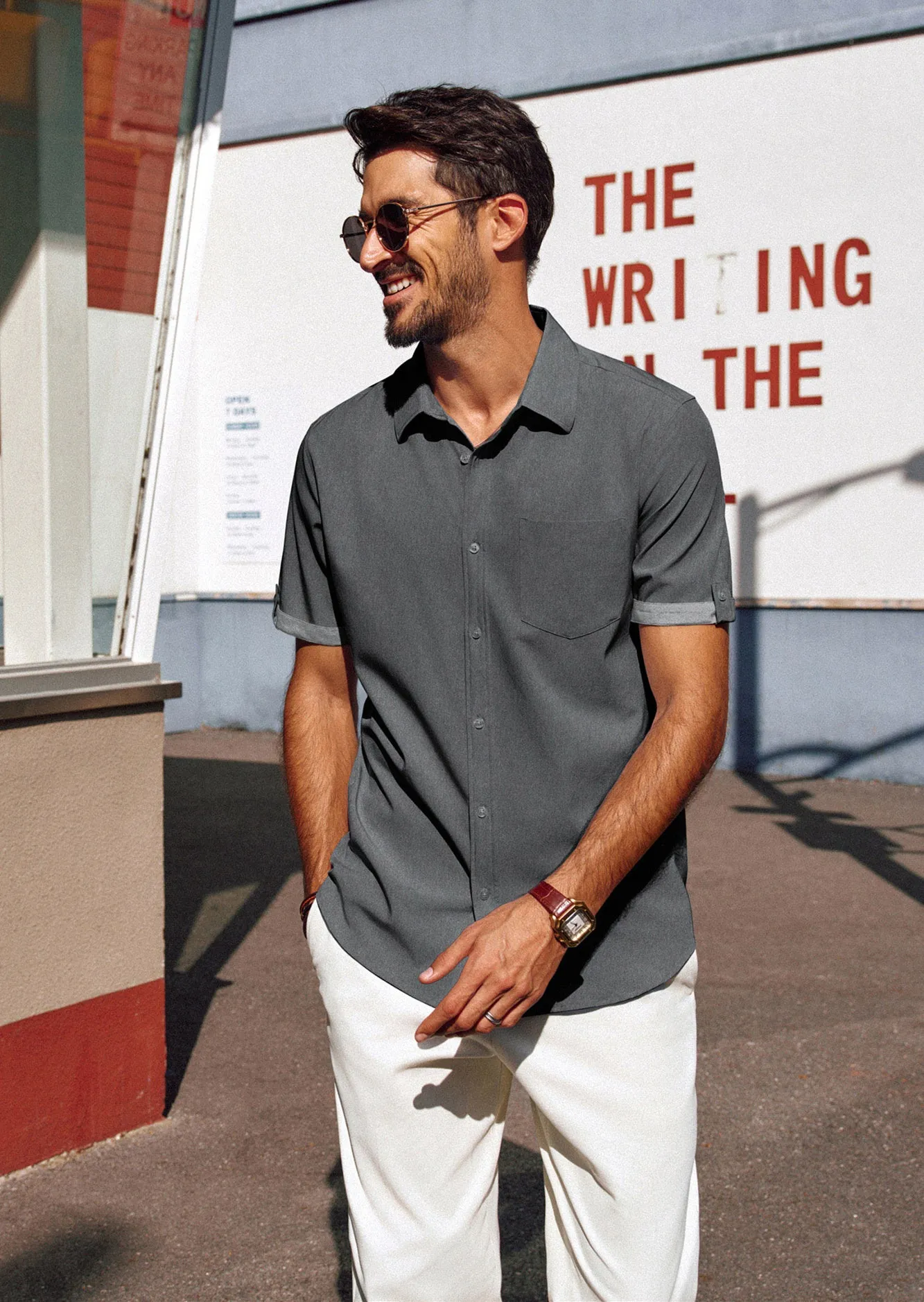 Men Straight Shirt Casual Short Sleeve Lapel Collar Button-up Tops