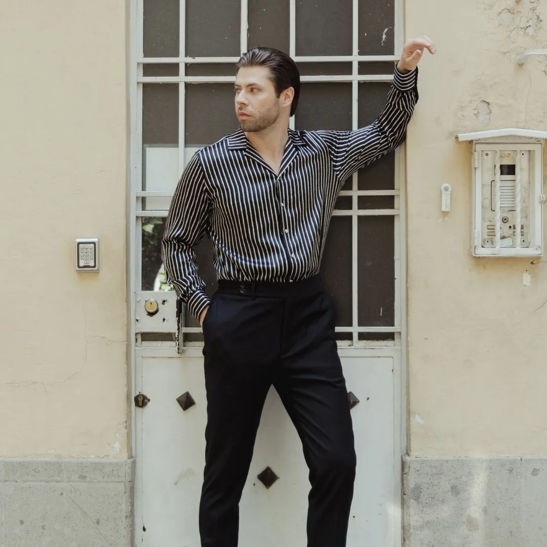 Mens Black Stripe Silk Shirt