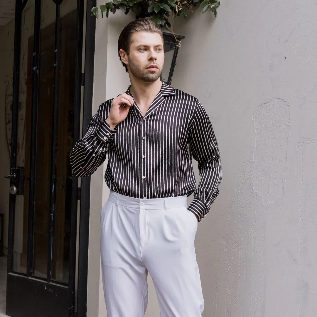 Mens Black Stripe Silk Shirt