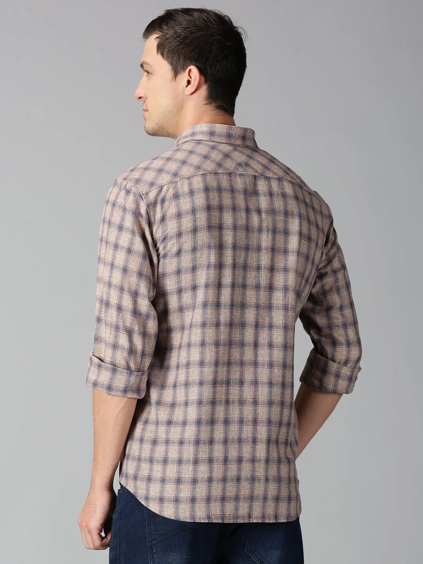 MEN'S BROWN, BLUE CHECK SLIM FIT SHIRT