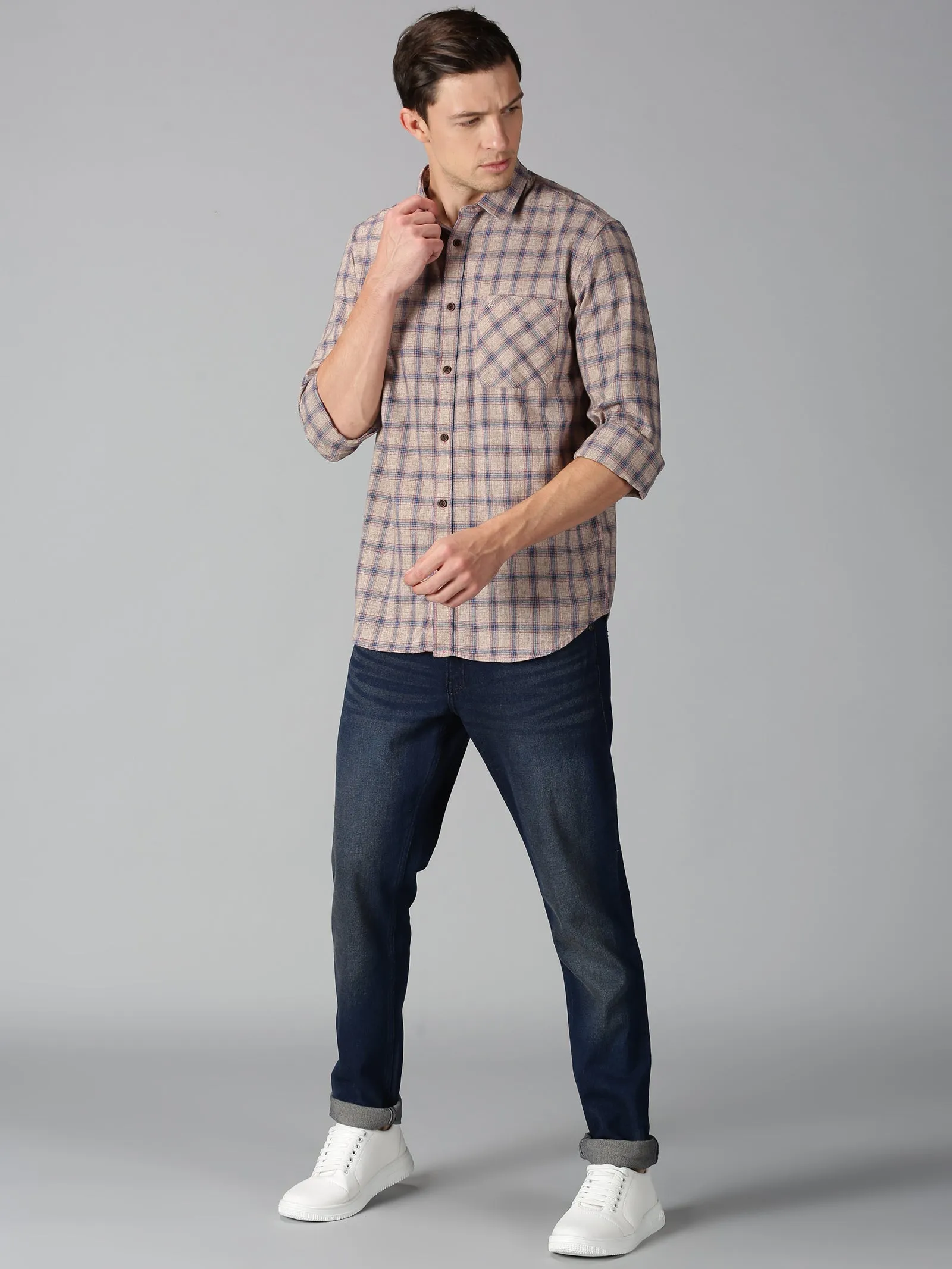 MEN'S BROWN, BLUE CHECK SLIM FIT SHIRT