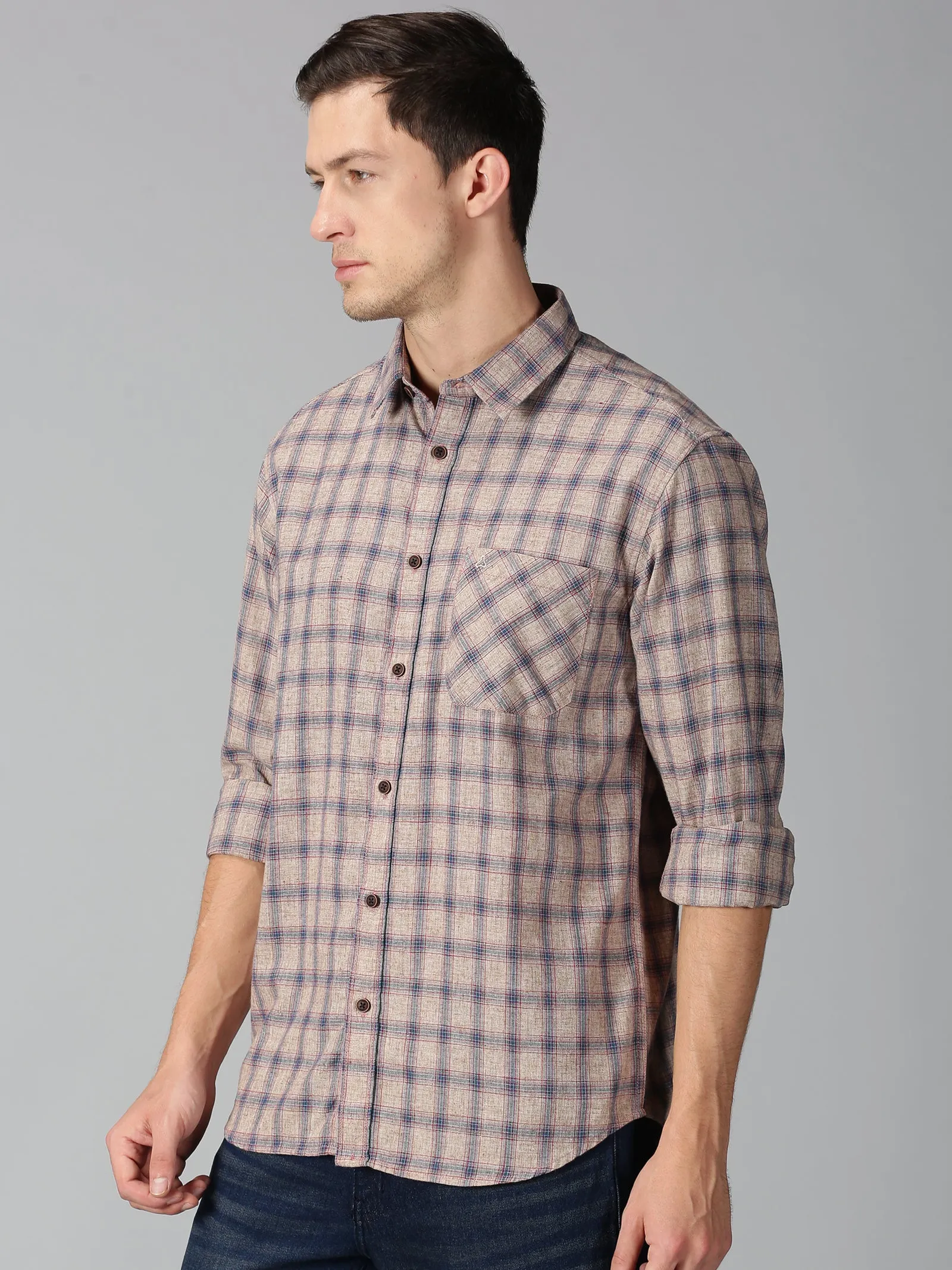 MEN'S BROWN, BLUE CHECK SLIM FIT SHIRT
