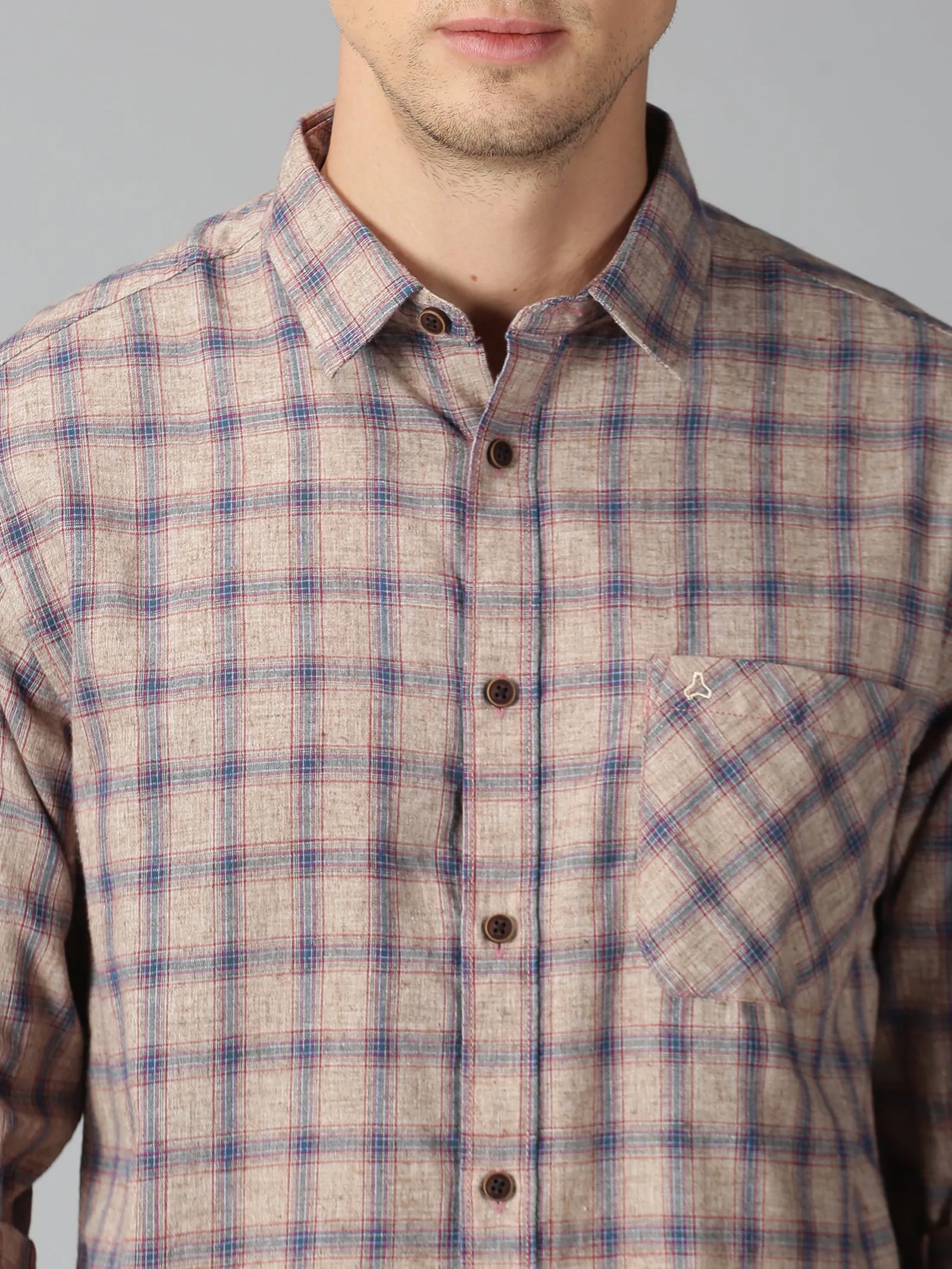 MEN'S BROWN, BLUE CHECK SLIM FIT SHIRT