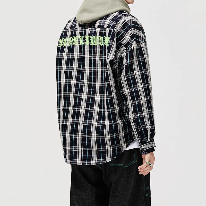 Men's Casual Tweed Plaid Stitching Long Sleeve Shirt