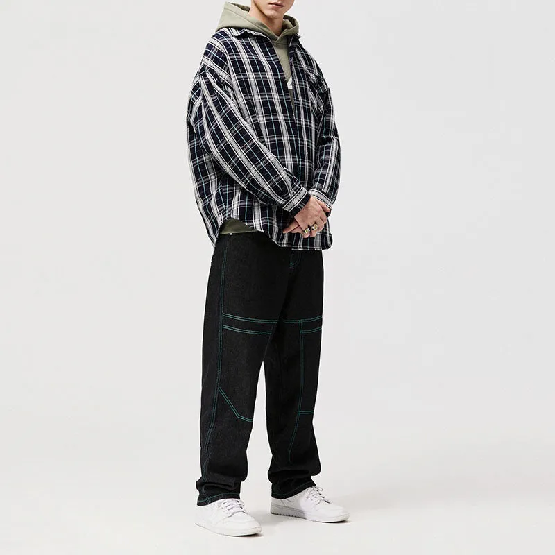 Men's Casual Tweed Plaid Stitching Long Sleeve Shirt