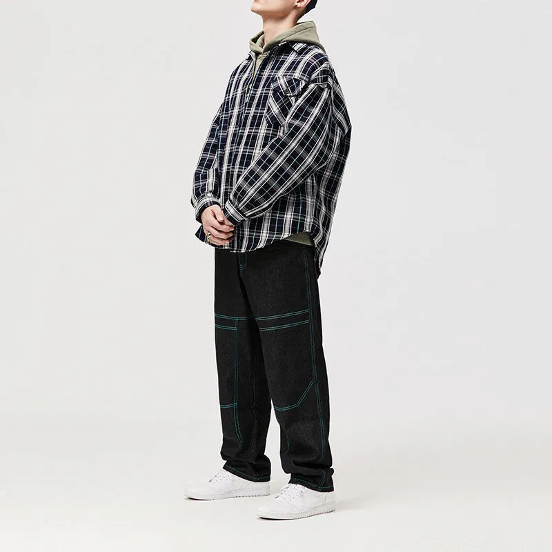Men's Casual Tweed Plaid Stitching Long Sleeve Shirt