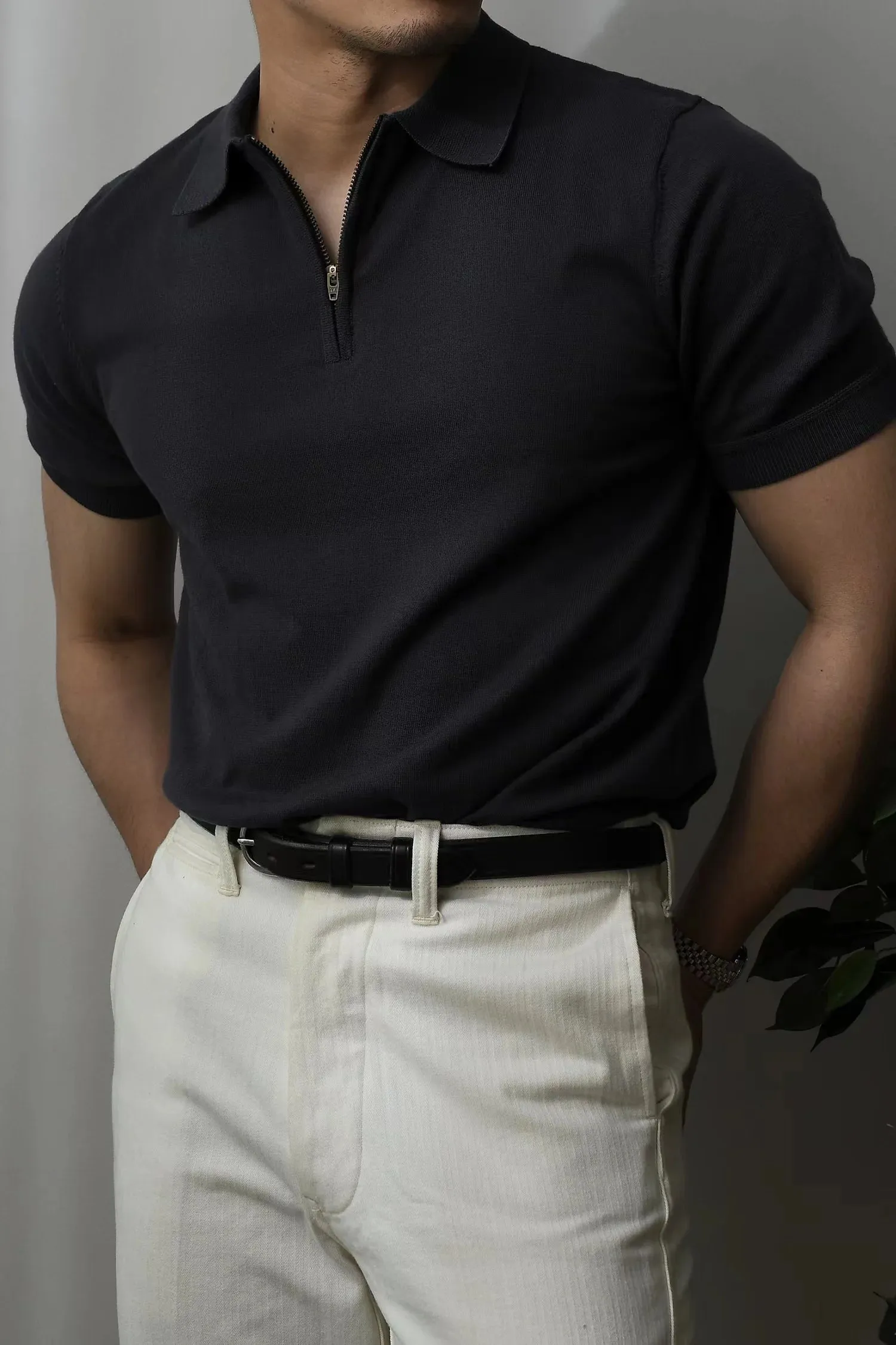 Men's Elegant Business Style Polo Shirt with Short Sleeves and Zipper