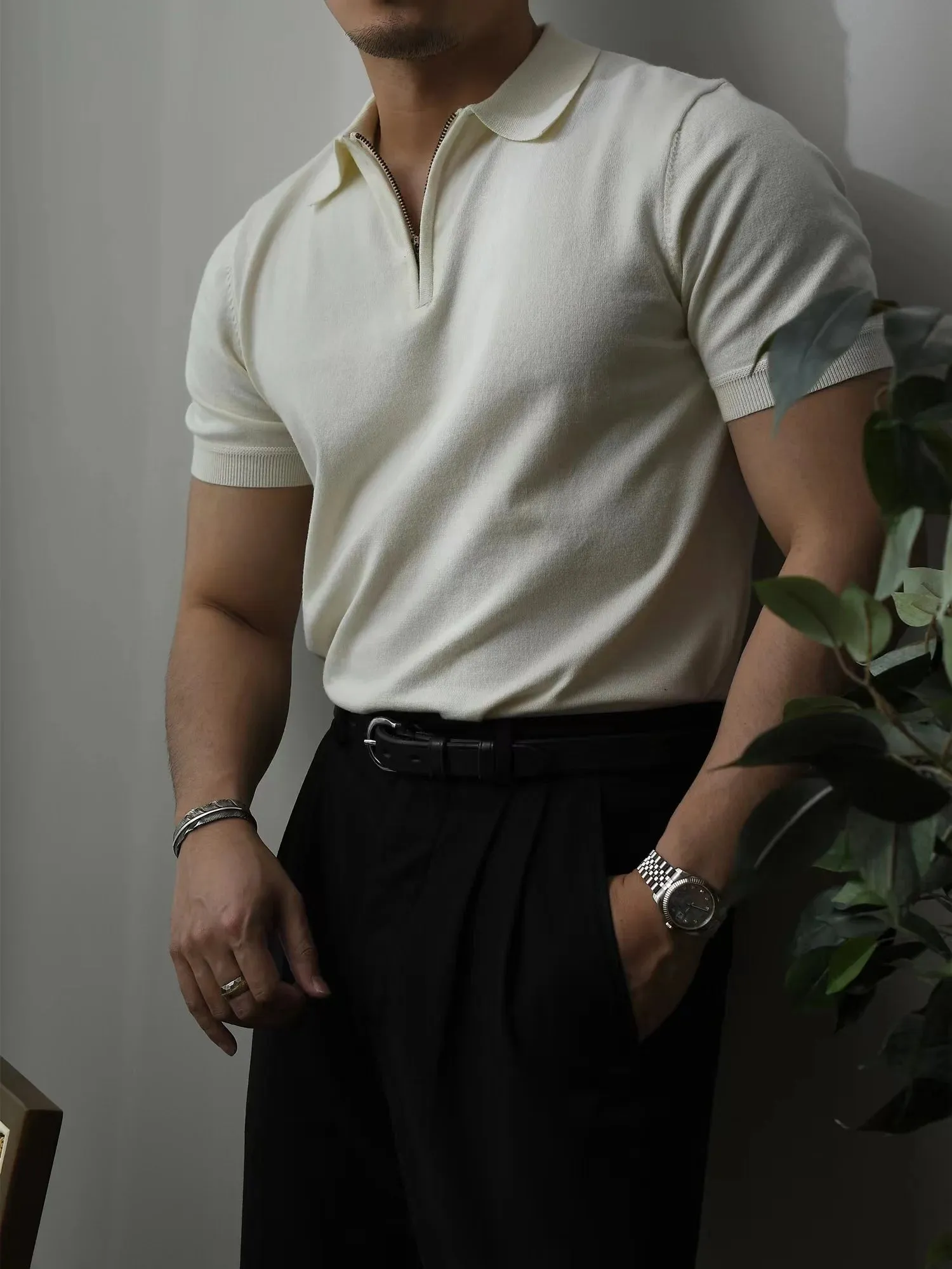 Men's Elegant Business Style Polo Shirt with Short Sleeves and Zipper