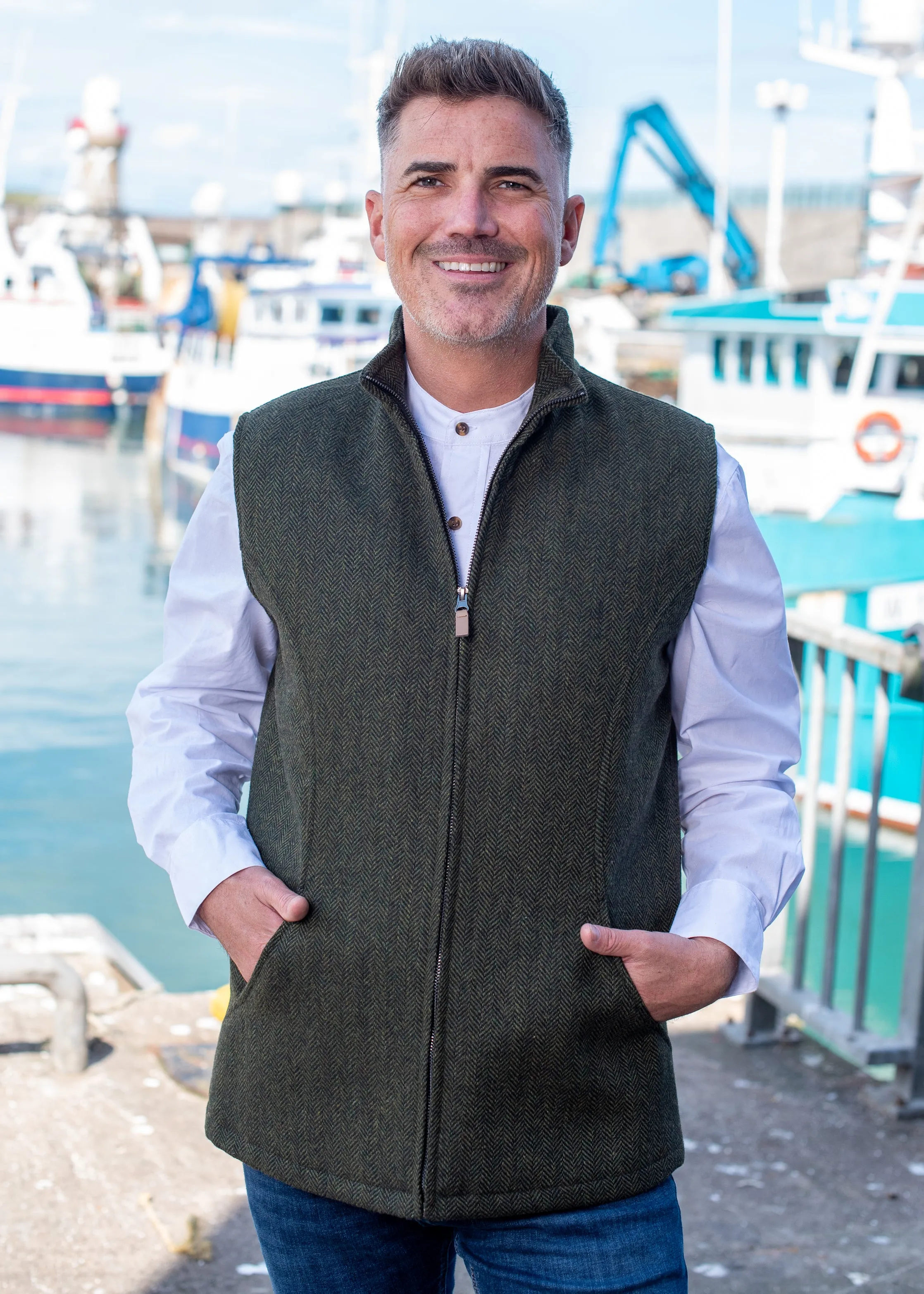 Men's Full Zip Green Tweed Body Warmer