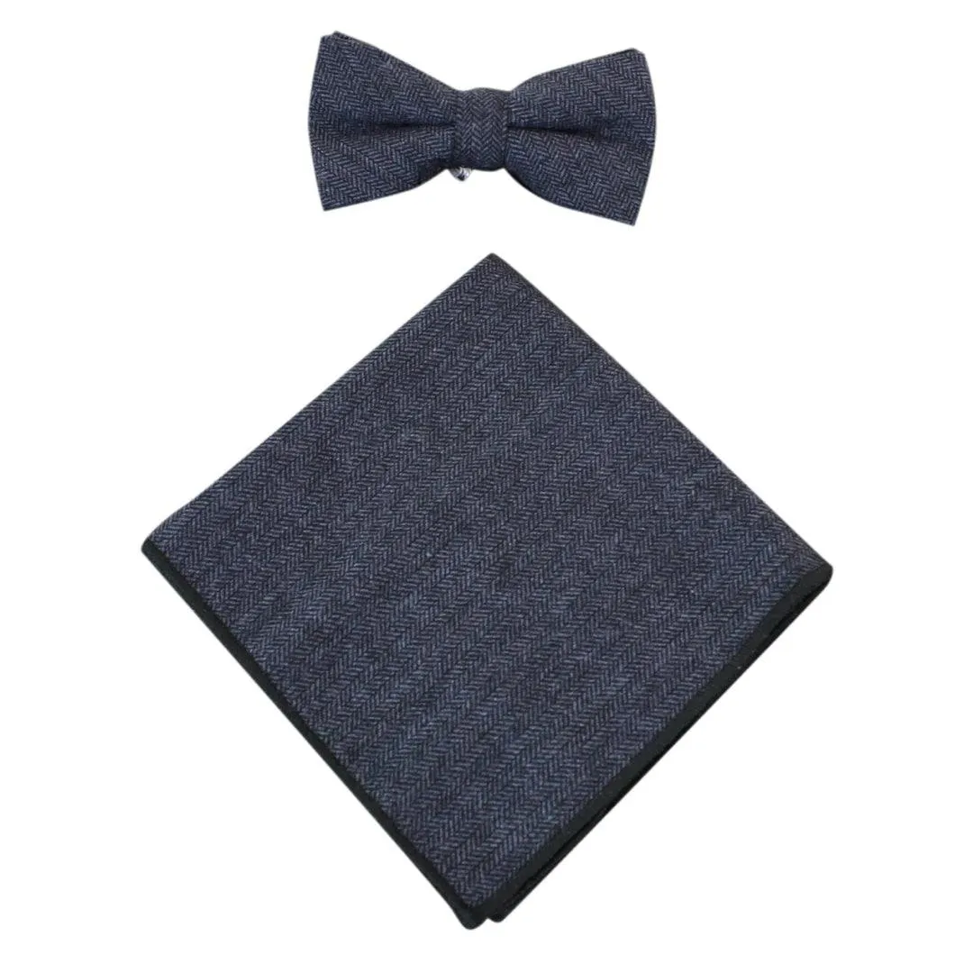 Mens Herringbone Tweed Check Bow Tie Hanky Retro Vintage Classic Blinders