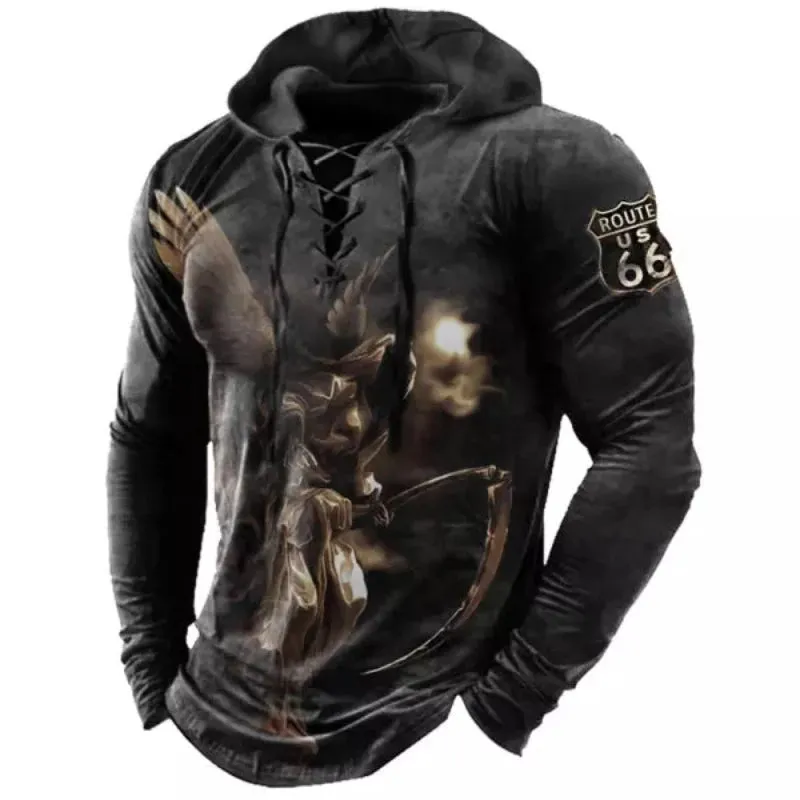 Men's Long Sleeve Printed Lace-Up Hoodie