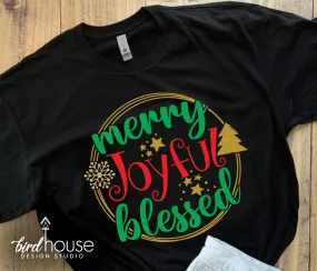 Merry Joyful Blessed Shirt, Cute Christmas Pajamas Matching Glitter or Matte