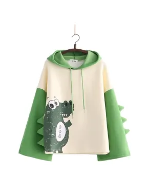 Metaversmall Kawaii dinosaur print Harajuku Women Hoodies Fleece Hooded Sweatshirt Winter Sweet Style Korean Ladies Drawstring Tops