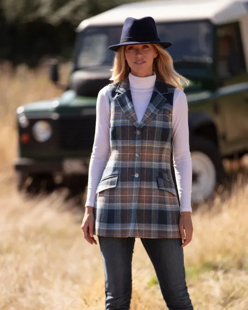 Mill Street Ladies Tweed Waistcoat - Navy Tan Check