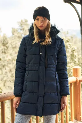 Navy Glossy Long Fitted Vegan Fur Hood Detail Winter Puffer Jacket /1-2-1-2