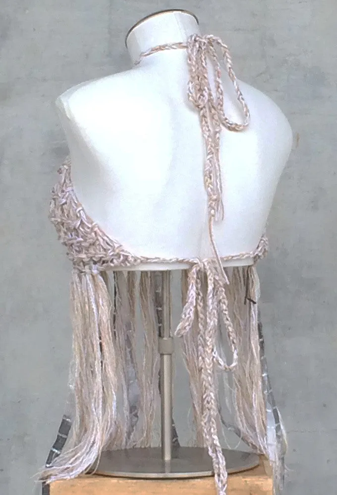 Oatmeal Tweed Hand Knit Halter Top w/Fringe