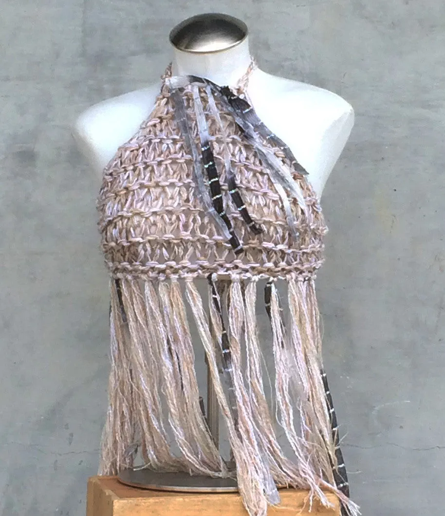 Oatmeal Tweed Hand Knit Halter Top w/Fringe