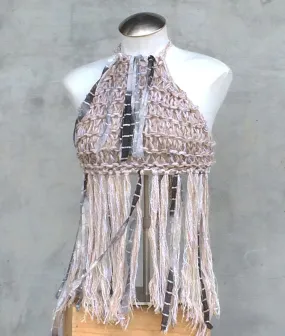 Oatmeal Tweed Hand Knit Halter Top w/Fringe