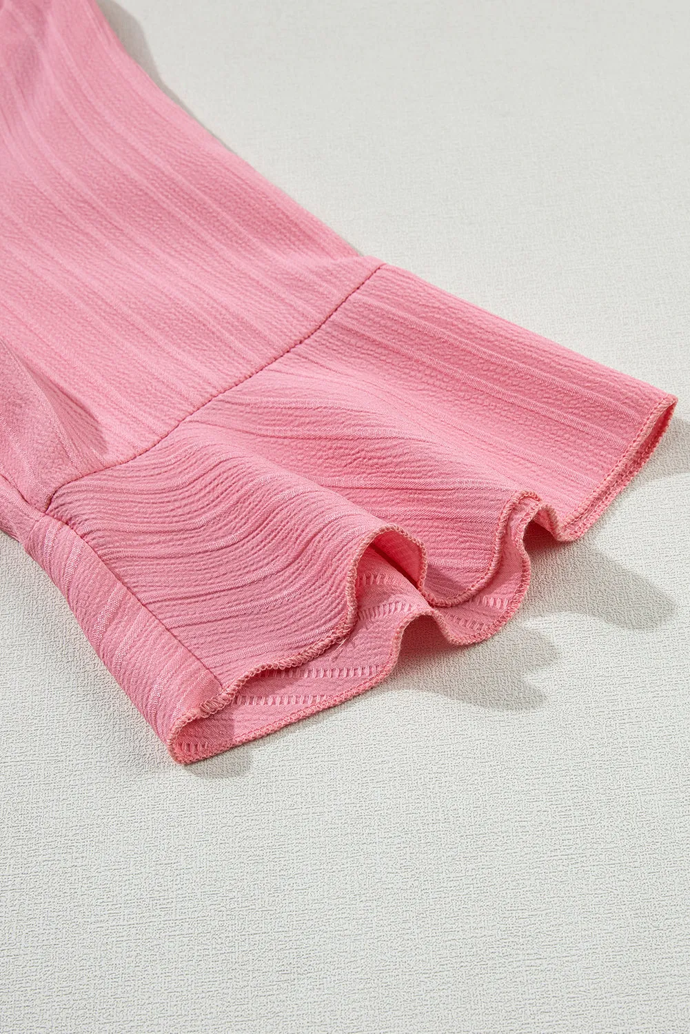 Peach Blossom Ruffled Short Sleeve V Neck Textured Shirt