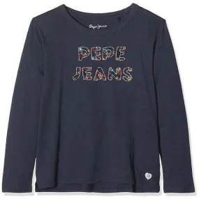 Pepe Jeans Girls Long Sleeve T-Shirt with Beaded Text in Navy