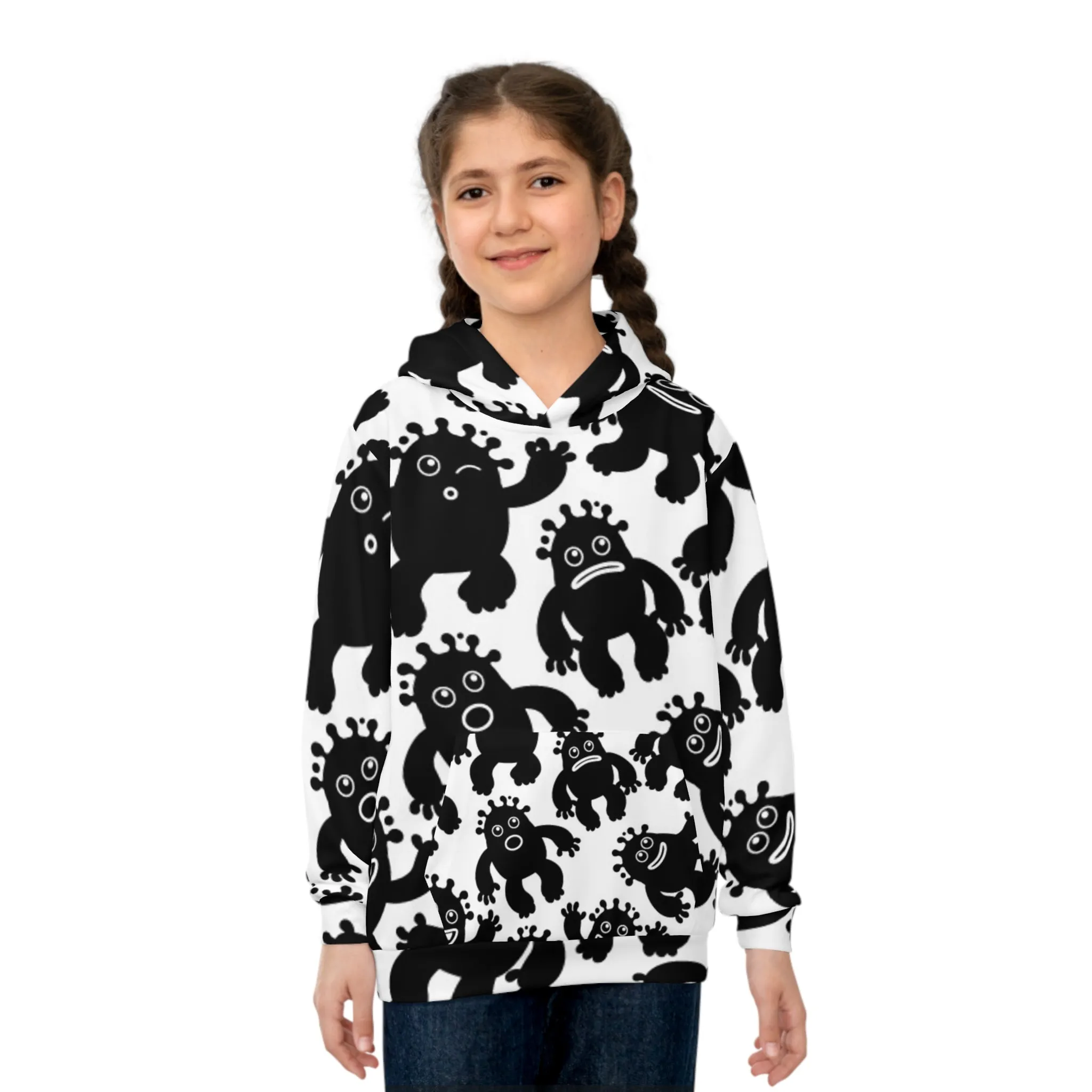 Playful Monster Children's Hoodie - Fun and Unique Black & White Design for Kids