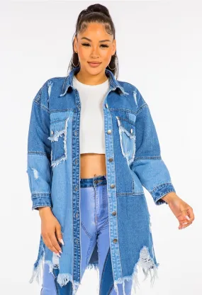 Plus Size Denim Shacket Distressed