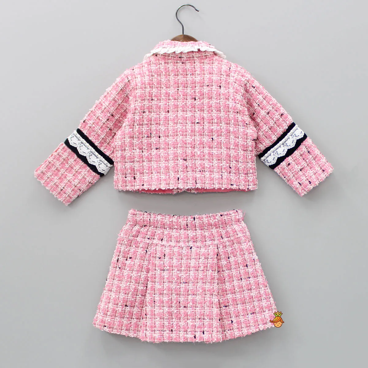 Pre Order: Pretty Pink Tweed Shirt Style Top And Skirt