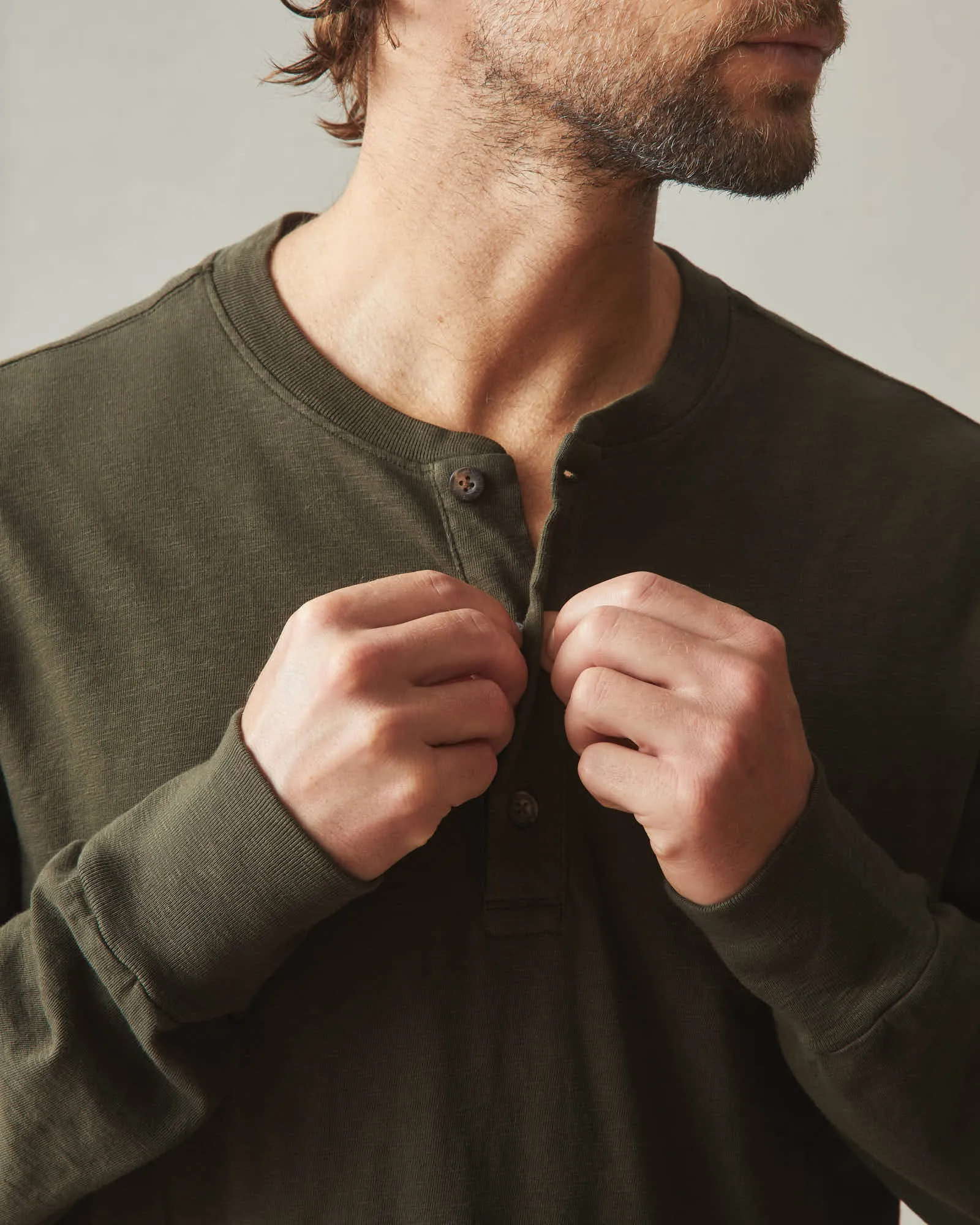 Premium Slub Henley Tee Long Sleeve - Deep Olive