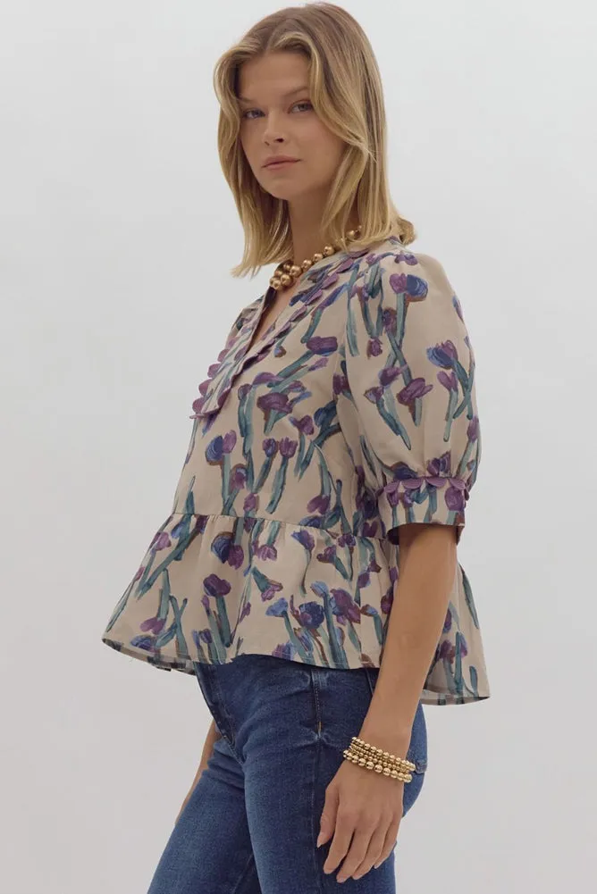 Printed SS V Neck Blouse in Ecru by Entro