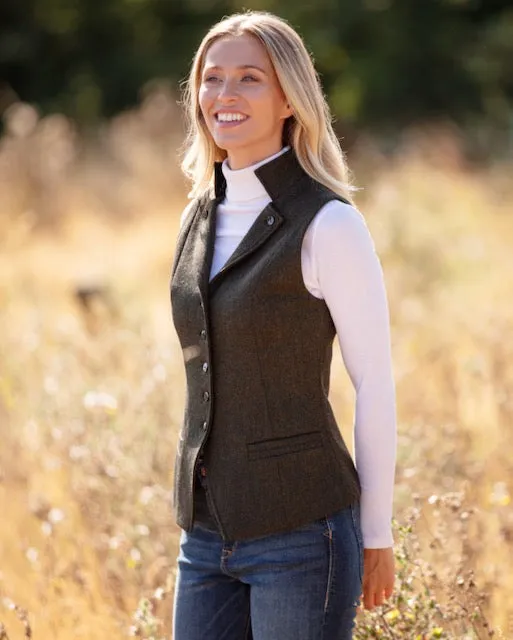 Regency Ladies Tweed Waistcoat - Forest Herringbone