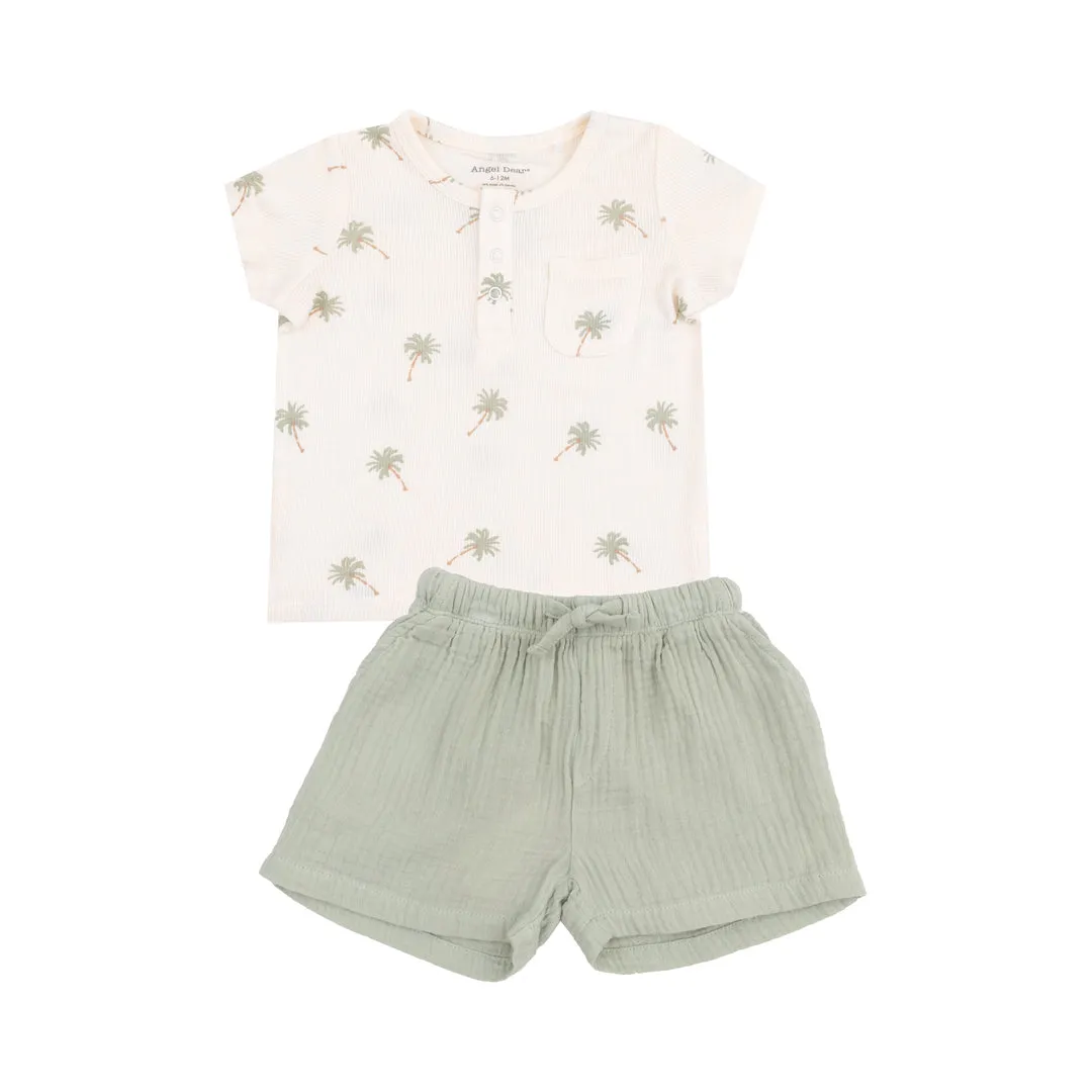 Ribbed Henley with Pocket and Muslin Short Set - Palm Trees