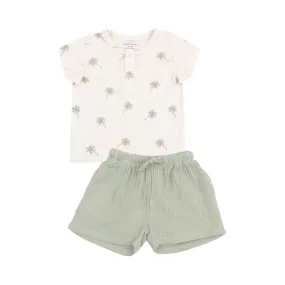 Ribbed Henley with Pocket and Muslin Short Set - Palm Trees