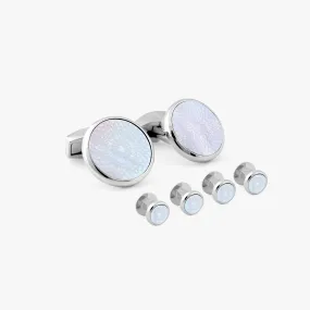 Rotondo Guilloche stud set with white mother of pearl in stainless steel