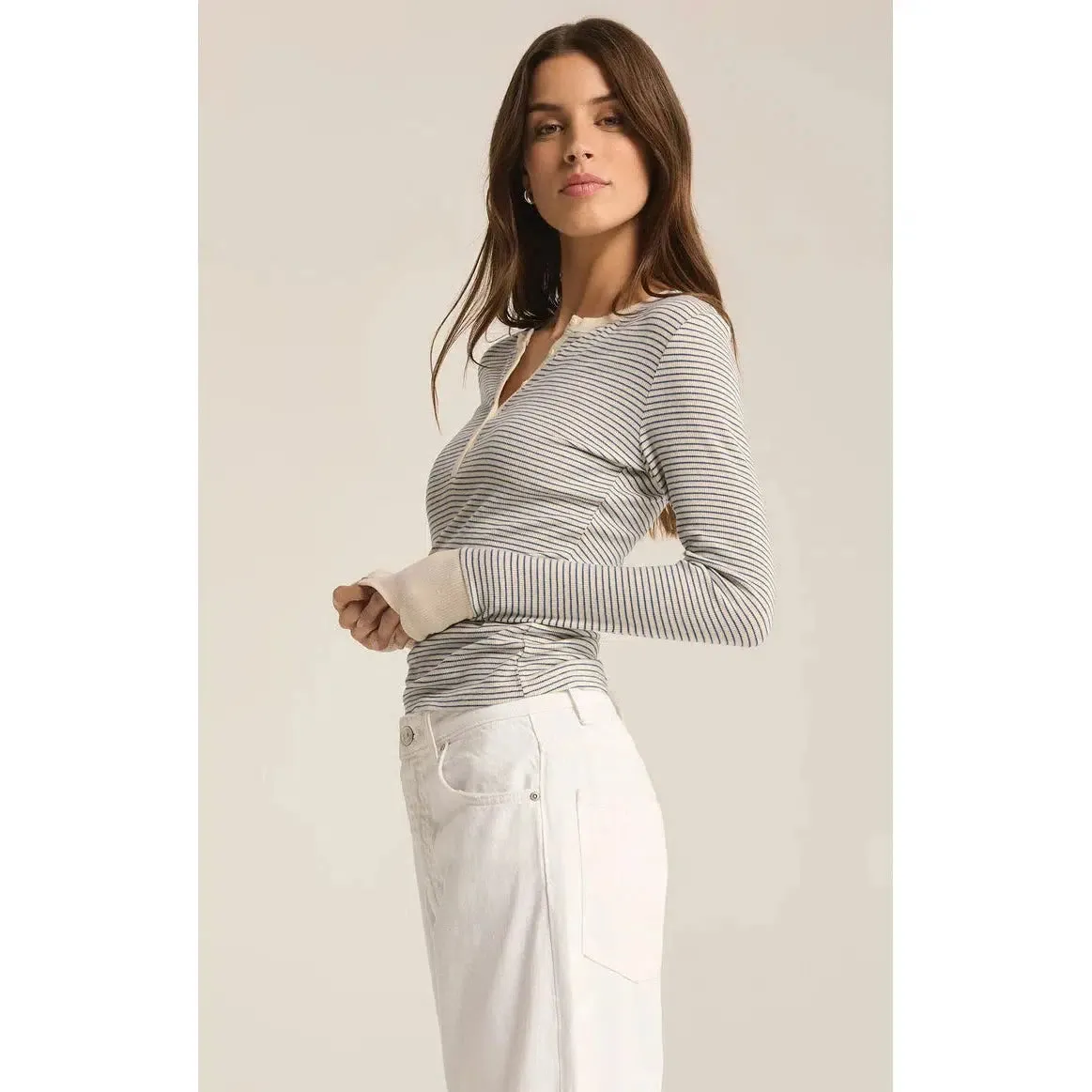 SCARLETT STRIPE RIB HENLEY - SEA SALT