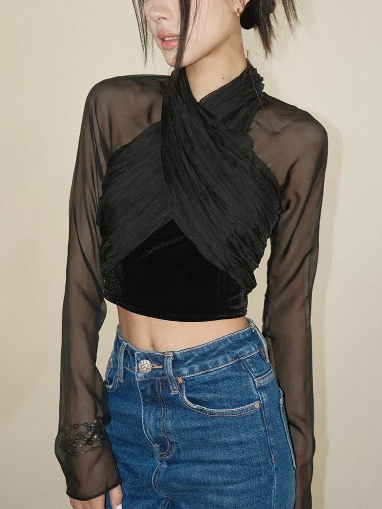 Solid Crisscross Patchwork Folds Sheer Sexy T Shirts For Women V Neck Long Sleeve Slimming T Shirt Female Fashion