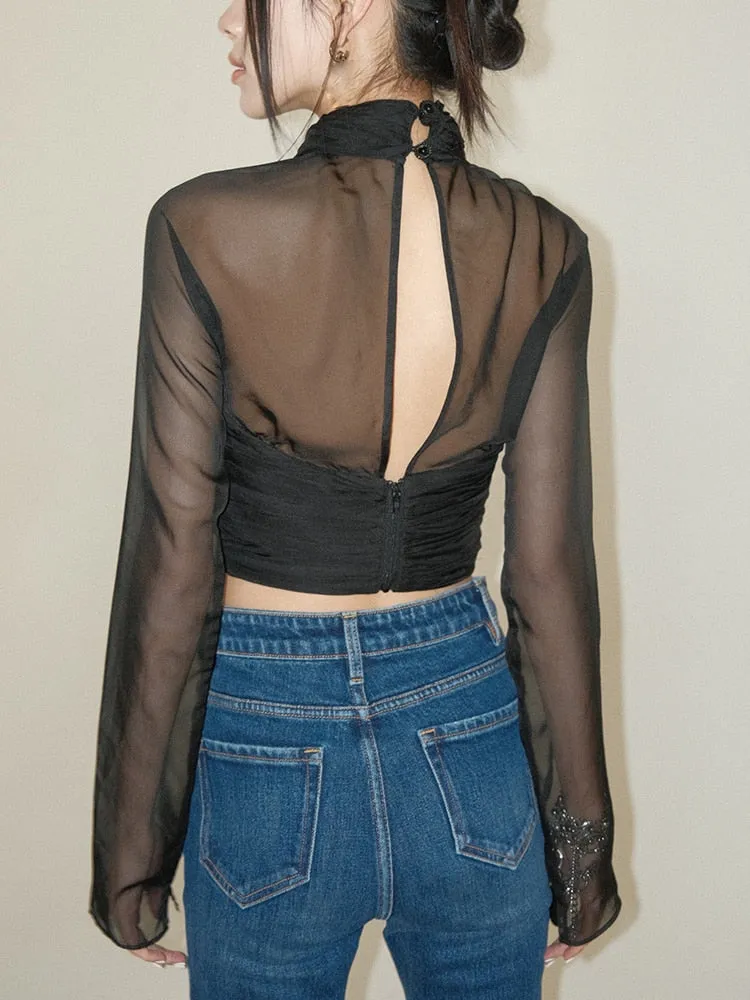 Solid Crisscross Patchwork Folds Sheer Sexy T Shirts For Women V Neck Long Sleeve Slimming T Shirt Female Fashion