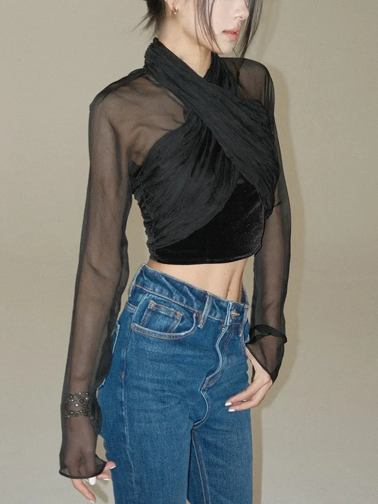 Solid Crisscross Patchwork Folds Sheer Sexy T Shirts For Women V Neck Long Sleeve Slimming T Shirt Female Fashion