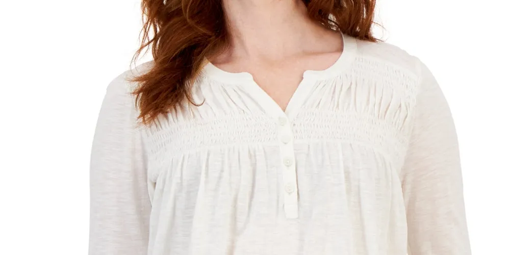 Style & Co Women's Knit Smocked Long Sleeve Top White Size Petite Large