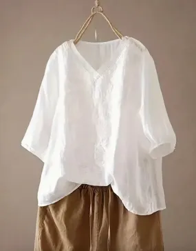 Summer shirt, Sleeves 3/4, White color With Embroidery