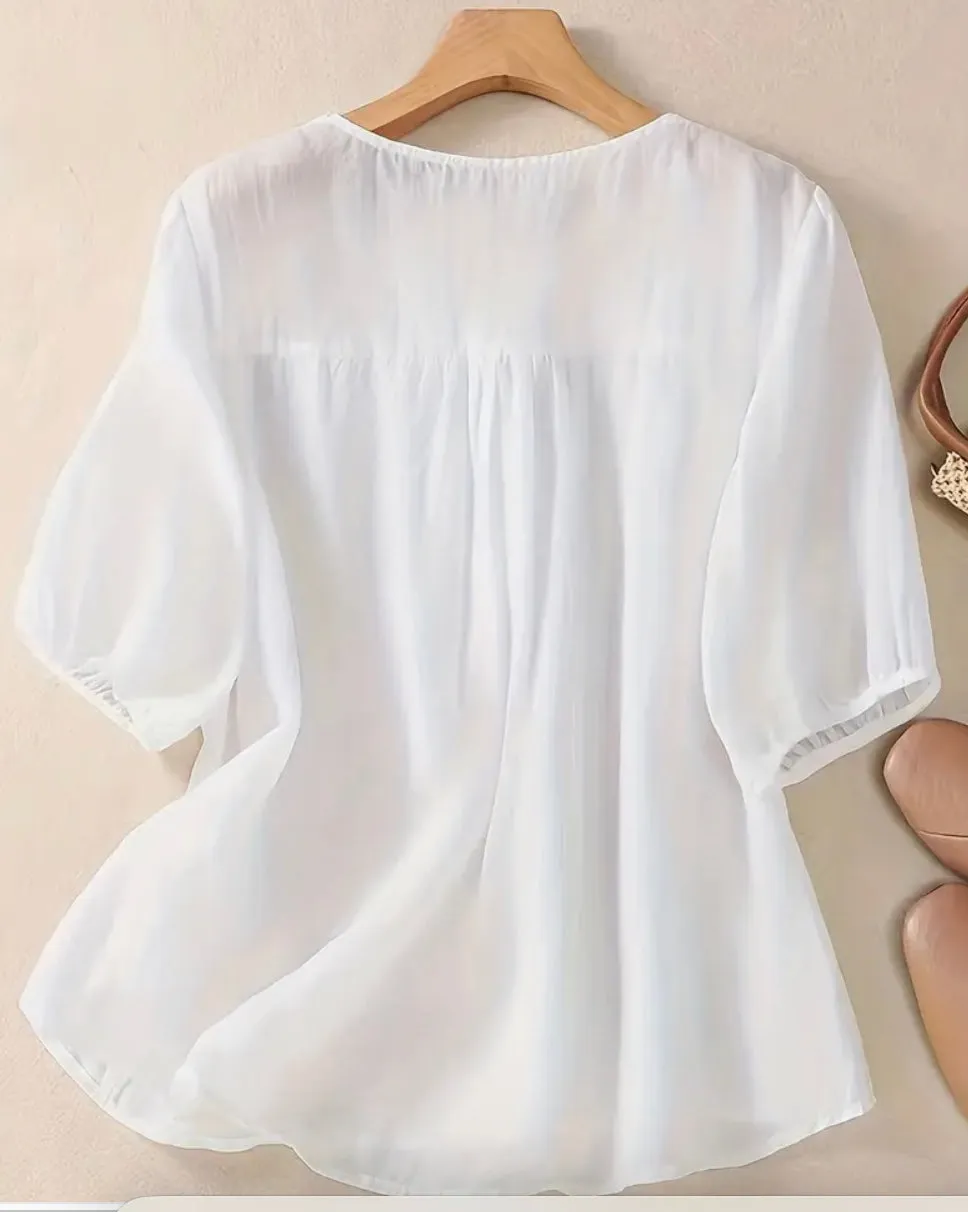 Summer shirt, Sleeves 3/4, White color With Embroidery