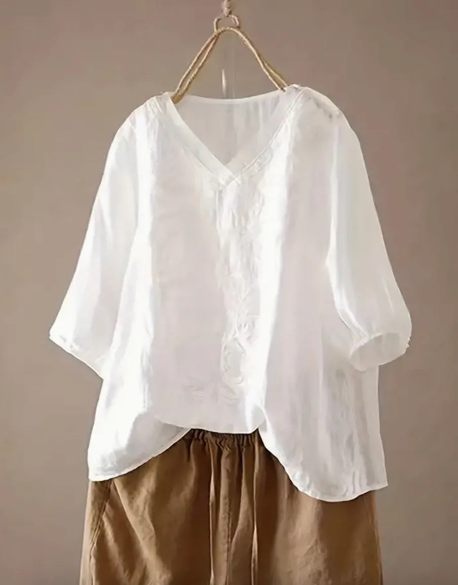 Summer shirt, Sleeves 3/4, White color With Embroidery