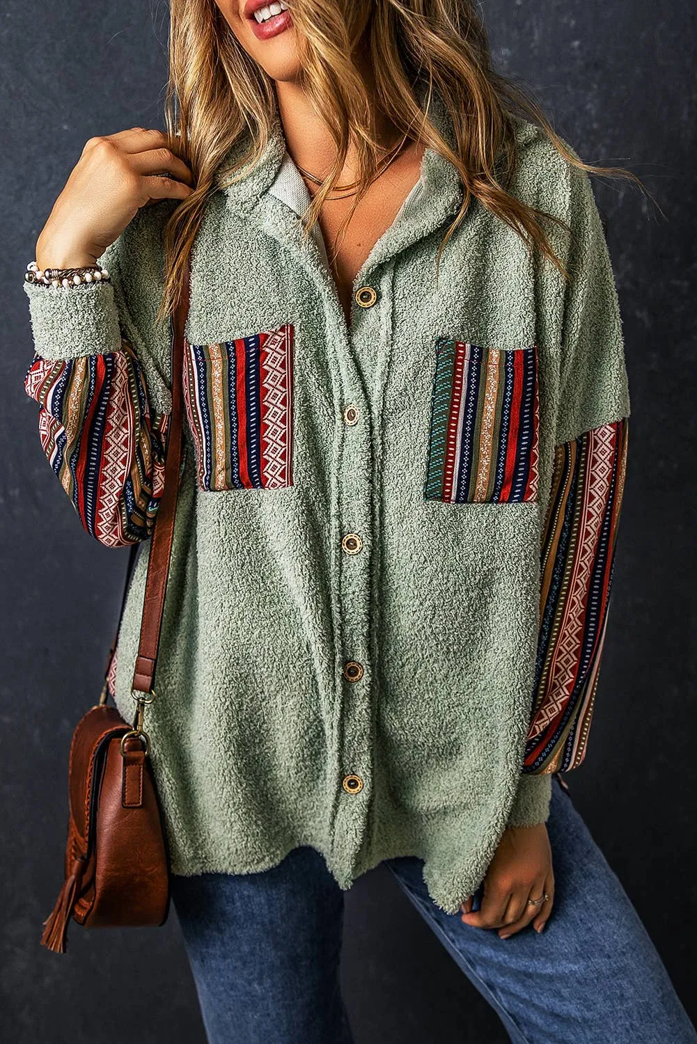 Swamp Contrast Printed Insert Button Fleece Shacket