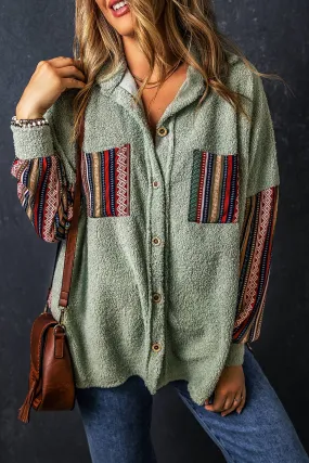 Swamp Contrast Printed Insert Button Fleece Shacket