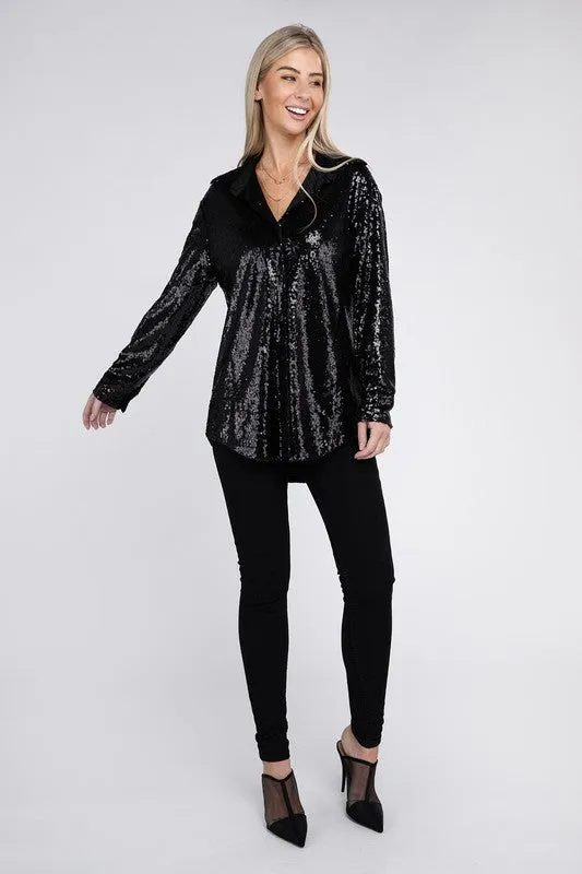 TEEK - Sequin Collared Button Up Shirt