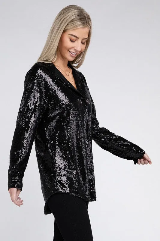TEEK - Sequin Collared Button Up Shirt