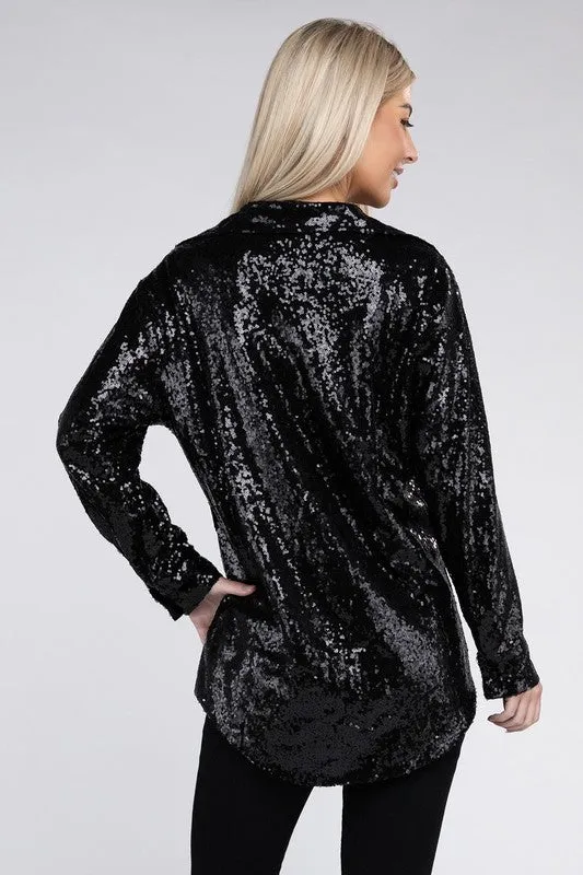 TEEK - Sequin Collared Button Up Shirt