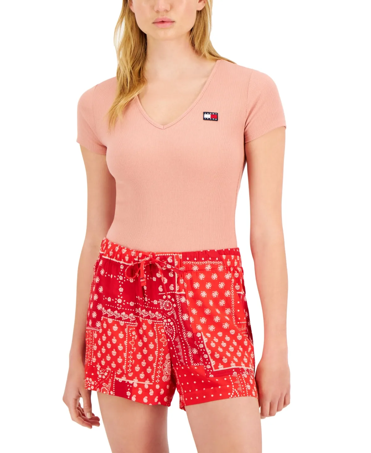 Tommy Jeans Women's Ribbed V Neck Bodysuit Pink Size X-Large