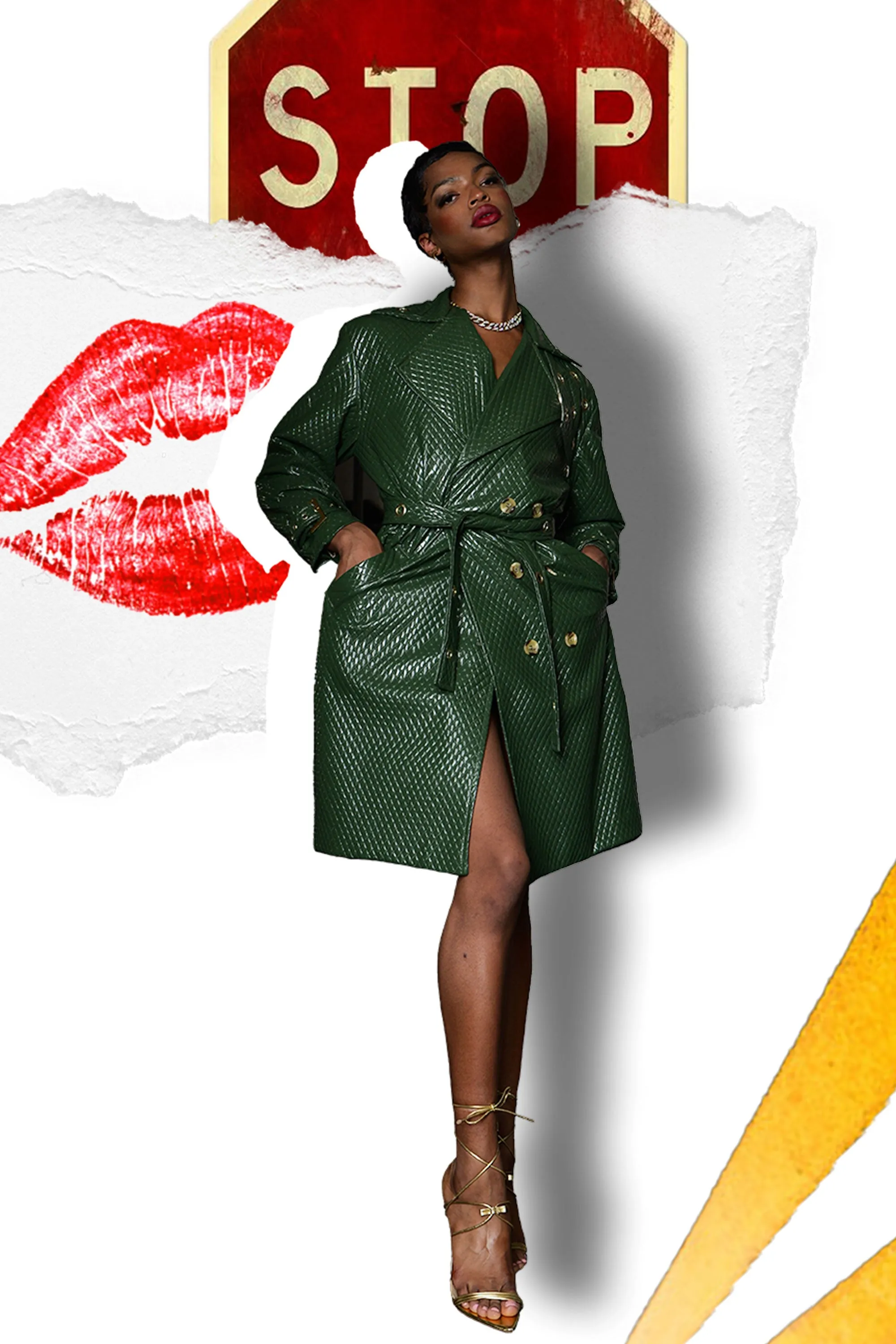 Trinity Quilted Green Trench Coat