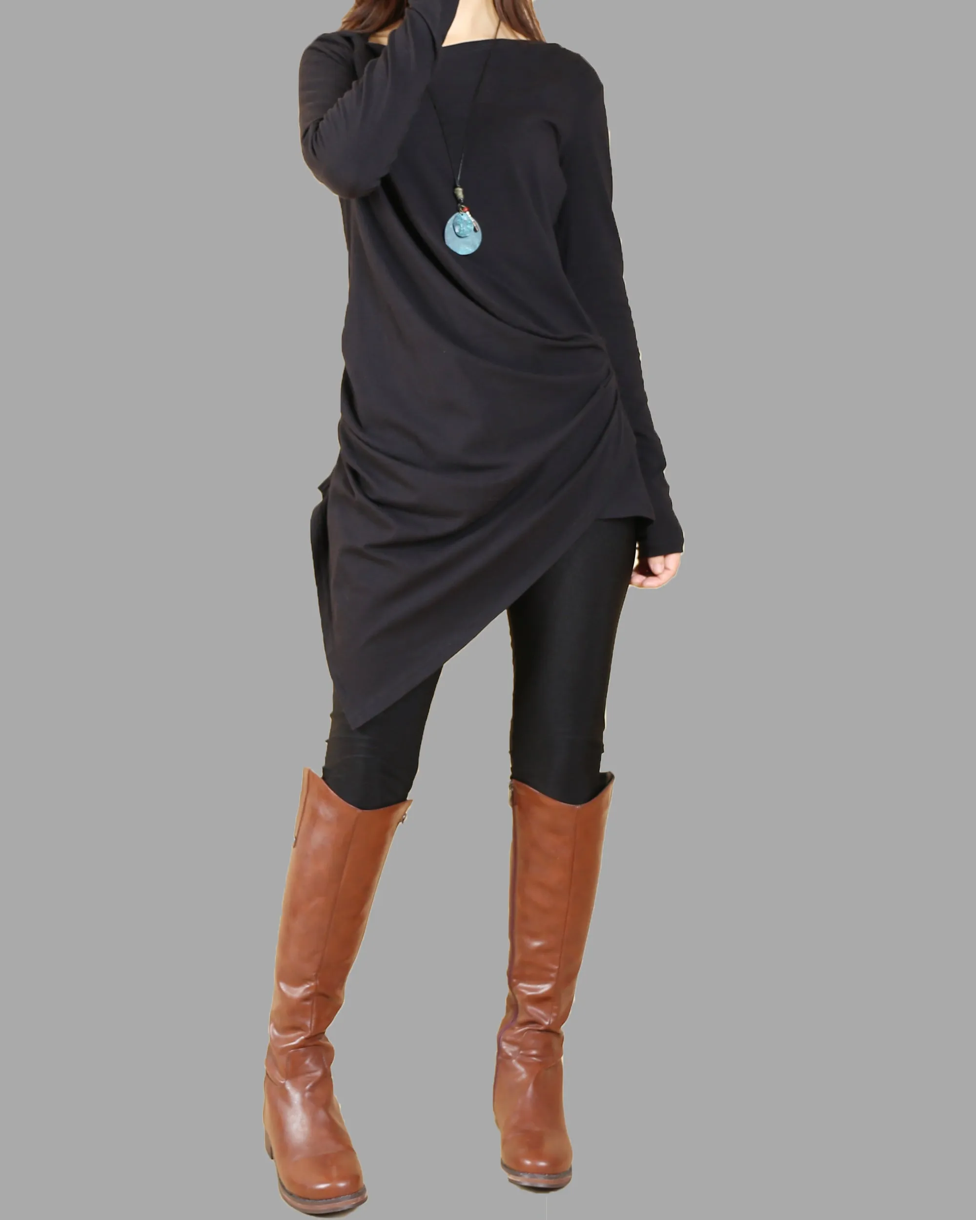 Tunic tops for women, cotton tunic dress, long sleeve t-shirt, long top, dark blue cotton top(Y1041)